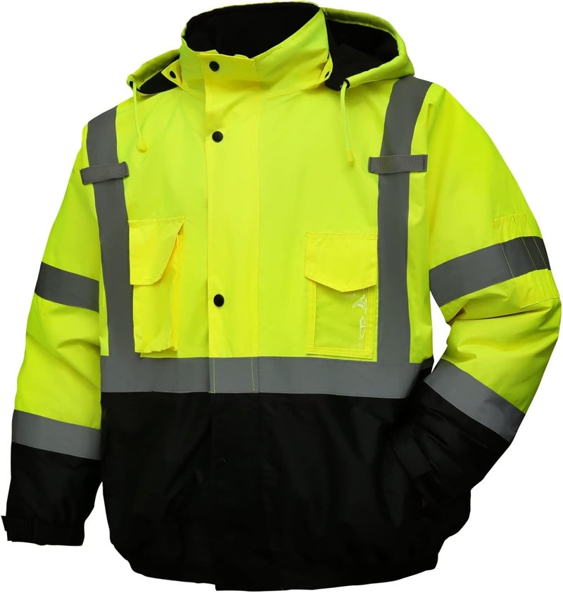 DPSAFETY Safety jacket for men,Reflective high Visibility Hooded jacket,Hi-Vis Bomber Jacket with Pockets and Zipper,Waterproof,Black Bottom,ANSI/ISEA 107-2020 Type R Class 3,Lime - Image 1